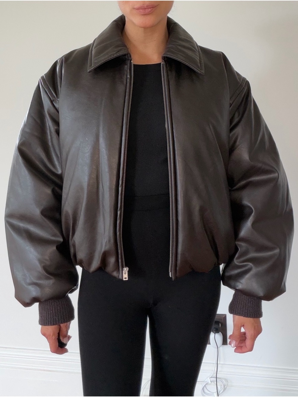 ACNE Studios Dark Brown Faux Leather Bomber Jacket - Picture 4 of 6